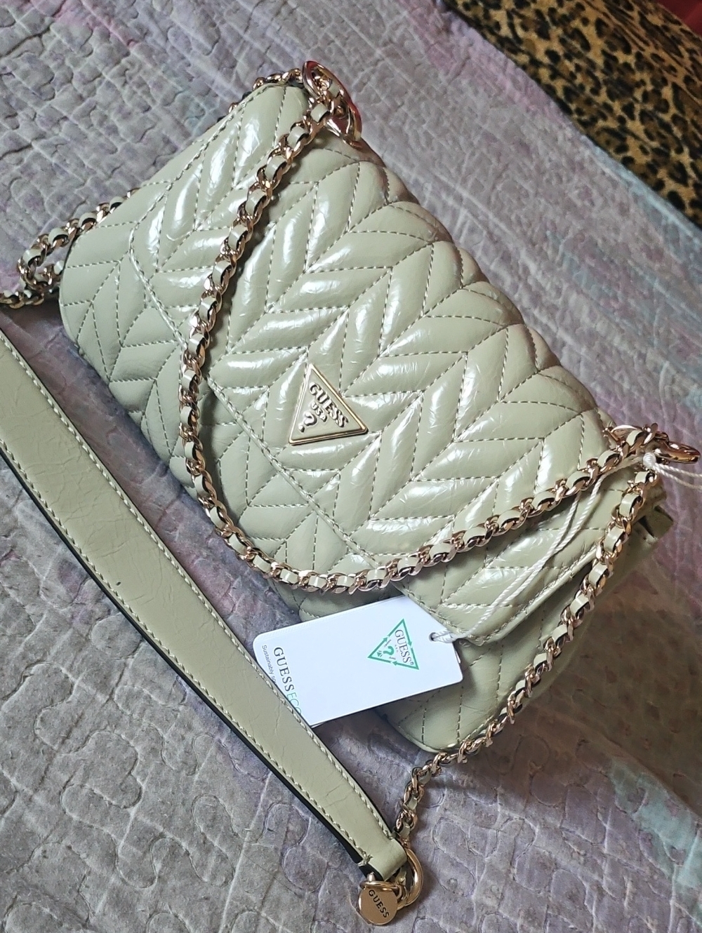 GUESS Quilted Patent Shoulder Bag in Light Beige with Gold Chain